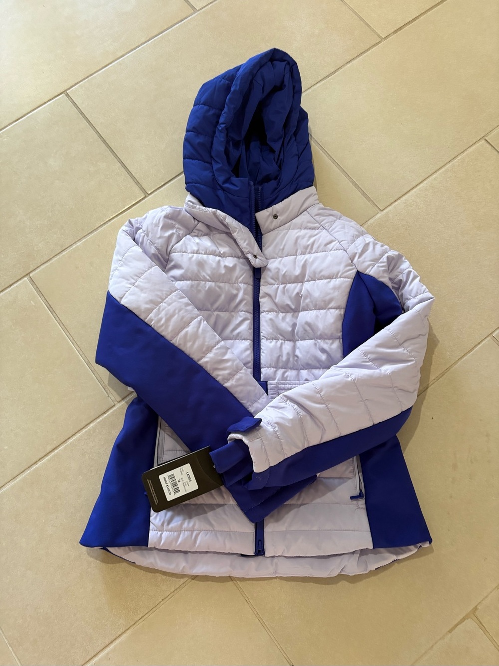 Girls' Two-Tone Hooded Ski Jacket in Light Gray and Royal Blue